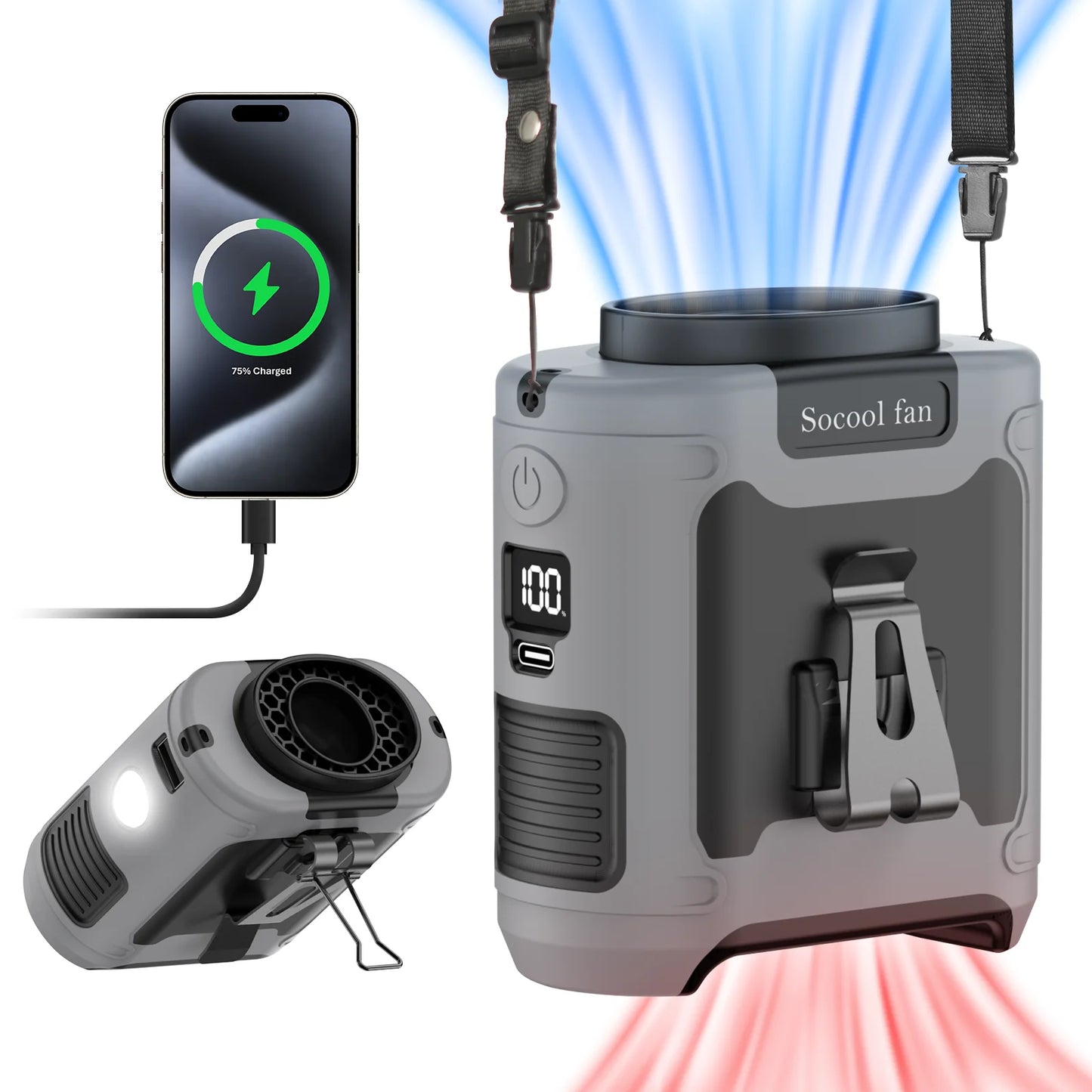 Socool 10000mAh Waist Fan Portable Handheld Hanging Neck Fan Ultra-Strong Wind with Phone Charging LED Light for Outdoor Working